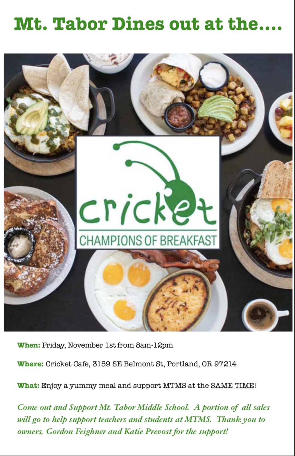 Cricket Cafe Tabor Dines Out Mount Tabor Middle School PTA
